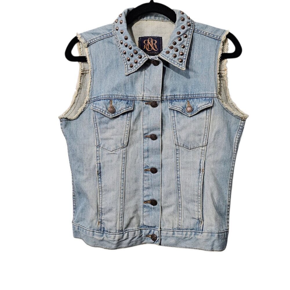 Rock & Republic Denim Studded Spike Sleeveless Distressed Cotton Jean Vest